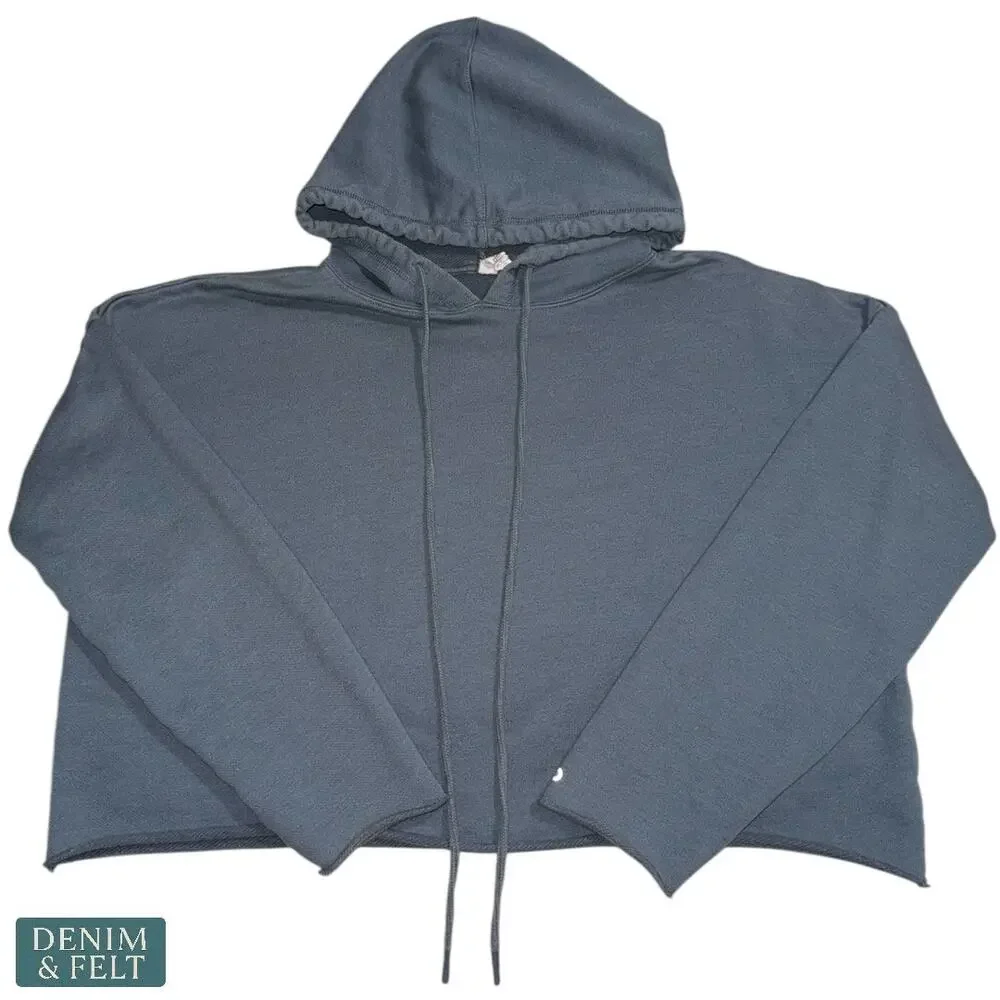 Alo Yoga Cropped Hoodie Blue Gray Drawstring Athleisure Lounge‎ Sweatshirt Cozy